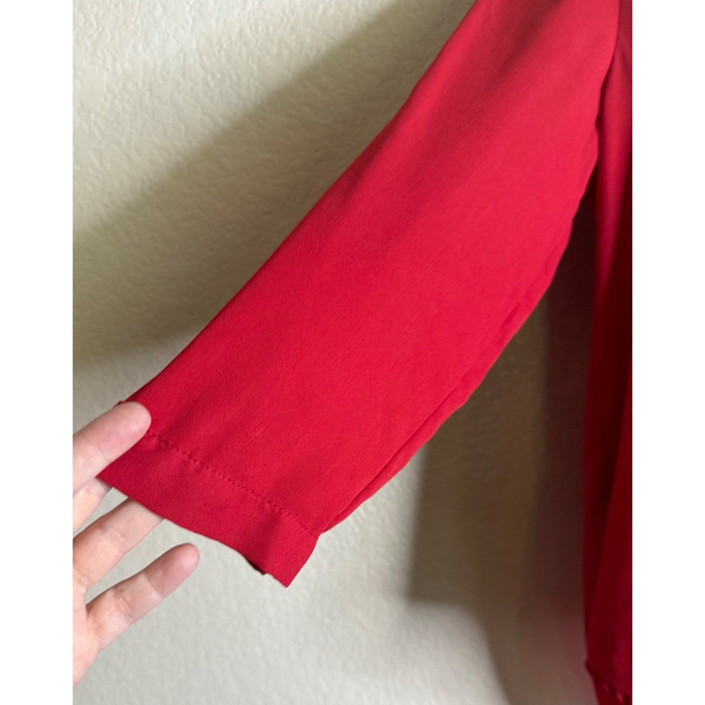 My Michelle Womens Small Blouse Red 3/4 Roll Tab Sleeve Zipper Pocket High Low - Picture 7 of 11